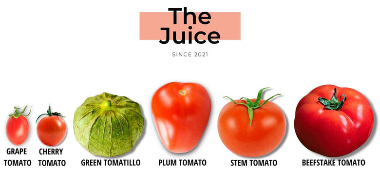 Purvey'd The Juice - Tomato Varieties (grape tomato, cherry tomato, green tomatillo, plum tomato, stem tomato, and beefsteak tomato)